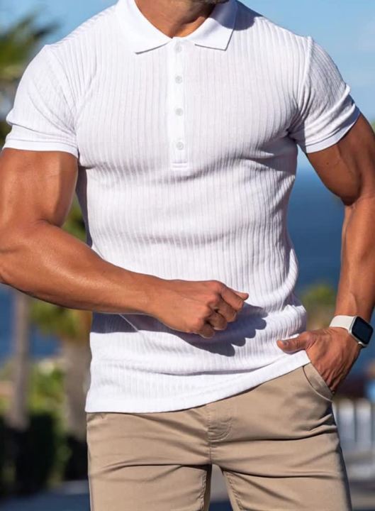 New Summer Polo Men Solid Stripe Fitness Elasticity Short Sleeve Polo Shirts for Men Fashion Stand Collar Mens Shirts