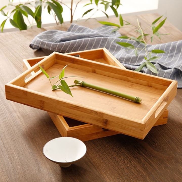 Bamboo Wooden Rectangular Tea Tray Pallet Wood Serving Tray Tea Cup Tray With Handle Wood Dinner Dessert Bread Fruit Food Plate