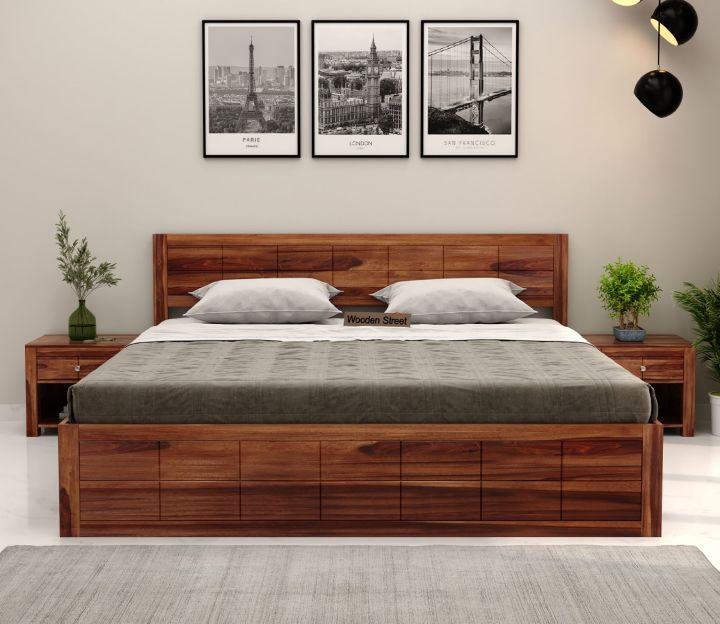 Brixton Sheesham Wood Bed With Box Storage(King Size, Honey Finish)
