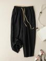 Summer Retro Cotton Linen Loose Harem Pants Elastic Drawstring Waist Casual Pants Basic Versatility Wide-leg Ankle-Length Pants.