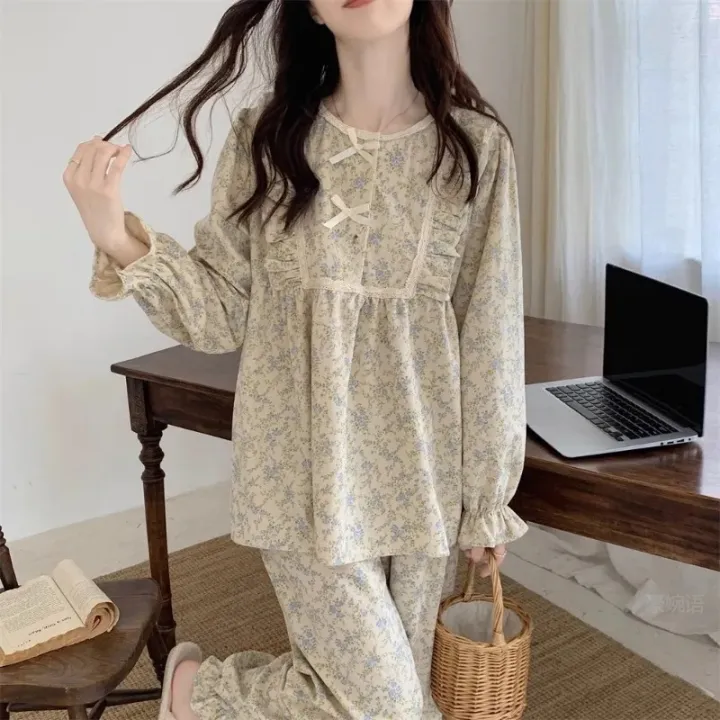 Women%20Plus%20Size%20Pajamas%20Garden%20Style%20Student%20Homewear%20Two-Piece%20Korean%20Version%20of%20the%20Bow%20Can%20Be%20Worn%20Outside%20Long-Sleeved%20women%20-%20Image%203