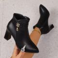 Premium Ankle Boots Block Heel Side Chain Pointed Toe Leather Water Resistant Light Weight Boot For Women914. 
