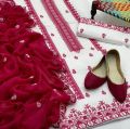 3 Piece Mid Season Cotton Suit for Women | Cross Stitch Gala Daman Embroidered Shirt | Chiffon Embroidered Dupatta & Trouser | Ladies Pakistani Dress. 