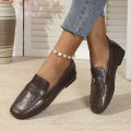 Women's Leather Flat Loafers with Gold-Tone Flower Accessory Round Apron Toe Low Block Heel Comfortable & Office Dress Shoes. 