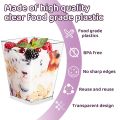 Transparent Square Plastic Dessert Cups with Spoons Reusable Parfait Appetizer Mini Party Shot Glasses for Tasting Treats.