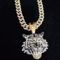 Hip Hop 3D Tiger Pendant Necklace with 13mm Crystal Cuban Chain HipHop Iced Out Bling Necklaces Men Women Fashion Charm Jewelry. 