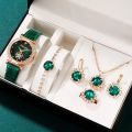 6PCS Set Green Luxury Quartz Watch Women Ring Necklace Earring Rhinestone Fashion Wristwatch Casual Ladies Bracelet Watches.