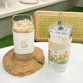 2PCS Square Heat Resistant Coffee Glass Cup With Lid and Straw Transparent Milk Tea Juice Cups Coffee Mug For Home Bar Drinkware. 
