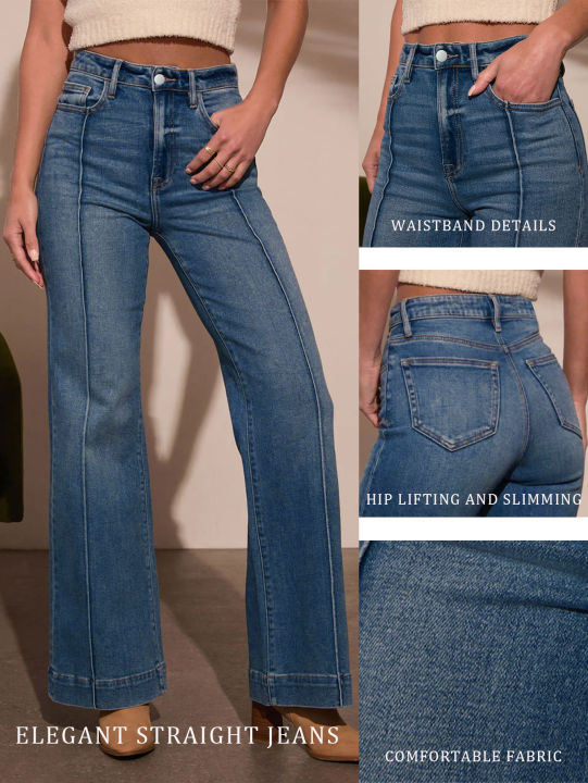 Autumn%20new%20women's%20dark%20blue%20high%20waist%20straight%20jeans%20slim%20fit%20wide%20leg%20version%20stretch%20denim%20fabric%20elegant%20intellectual%20jeans%20-%20Image%203