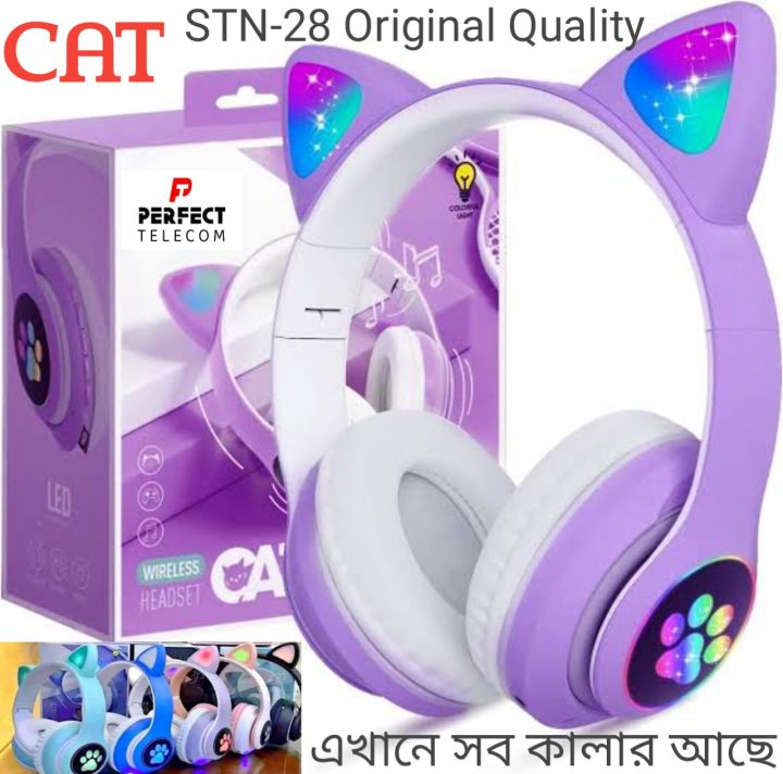 CAT STN-28 Over Ear Music Headset Glowing Ear Headphones Foldable Wireless BT5.0 Earphone with Mic AUX IN TF Card MP3 Player Colorful LED Lights for PC Laptop Computer Mobile Phone