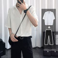 Jane Women's Fashion Shirts Korean Shirts Summer Ice Silk Shirt, 2-Piece Set, Men's Short Sleeve + Suit Pants Loose Black Shirt, Short Sleeves, Solid Color, Trendy Casual Suit Shirt.. 