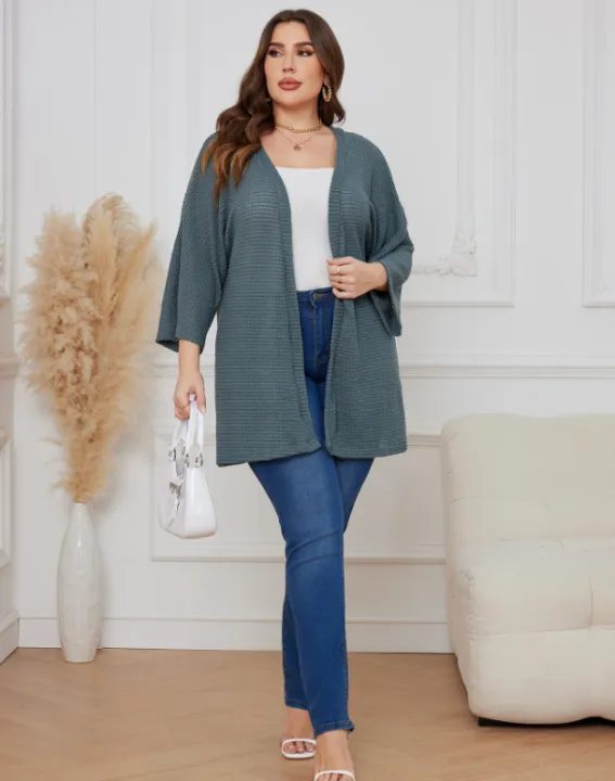 Oversized%20casual%20cardigan,%20women's%20plus%20size%20waffle%20knit%20cardigan%20with%20three-quarter%20length%20sleeves%20-%20Image%204