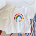 Kids Girls Sets Baby Summer Suit Children's Tops Bottoms Suit New Cute Short-Sleeved T-Shirt Rainbow Pleated Pants Two-Piece. 