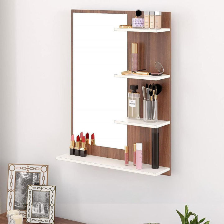 Wall Mount Venity Mirror Furnisha Home Furniture Rico Mini Engineered Wood Melamine Board Frame Wall Mount Dressing Table Mirror with 4 Shelves 30/24''