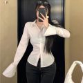 Fashion Women Bandage Shirts Korean All Match Streetwear Female Slim Blouse Spring Casual White Bell Sleeve Shirt New.