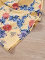Summer girls conservative commute less sook flower print lace camisole yellow square collar pleated elastic romper. 