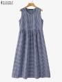 ZANZEA Summer Plaid Checked Sundress Sleeveless Bohemain Holiday Dresses Women Elegant O Neck Dress Casual Baggy Work Vestidos. 