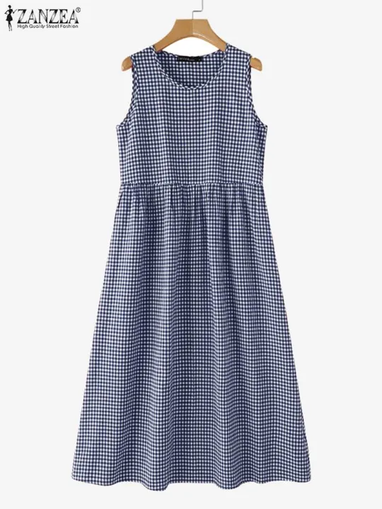 ZANZEA%20Summer%20Plaid%20Checked%20Sundress%20Sleeveless%20Bohemain%20Holiday%20Dresses%20Women%20Elegant%20O%20Neck%20Dress%20Casual%20Baggy%20Work%20Vestidos%20-%20Image%205