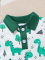 Baby Boy Summer Outfit 2-Piece Set Cartoon Dinosaur Print Polo Short Sleeve Romper with Fashionable Cute Overalls. 
