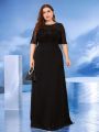 Plus Size Elegant Short Sleeves Sequin Formal Evening Dress Women Chiffon Black Mermaid Bridesmaid Party Maxi Prom. 