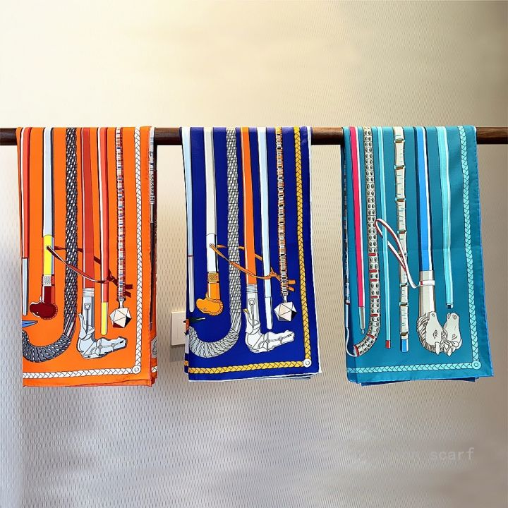 French New 90cm Hand-Rolled Hem Printed Scepter Scarf Ladies Sun Protection Head Wrap Silk Necklace Wholesale Decorate Fashion