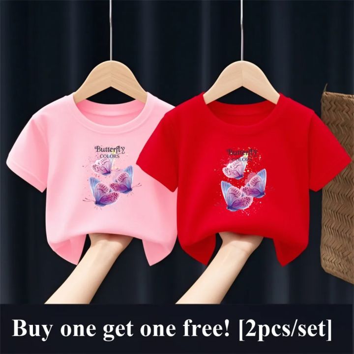 2pcs/Pack Girls Purple Butterfly T-Shirt Kids Fashion Short Sleeve Sister Matching Outfit Kids Best Friend Tops Tee