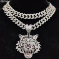 Hip Hop 3D Tiger Pendant Necklace with 13mm Crystal Cuban Chain HipHop Iced Out Bling Necklaces Men Women Fashion Charm Jewelry. 