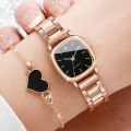 2PCS/Set Women's Watch Fashion Square Stainless Steel Band Quartz Watches Heart Bracelet Set. 