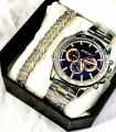 Men's Watch Set -Top Fashion Creative Luxury  Round Silver Large  Dial  Analoge Stainless steel Braclete Wstch+Cuban Link Heavy Chain Braclets For Men/Boys -Positif Men's Business Watch with Braclet. 