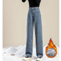 Winter Girls Plush Thermal High Waist Solid Jeans Lady Fleece Snow Warm Denim Pants Women Baggy Straight Leg Daily Trousers. 