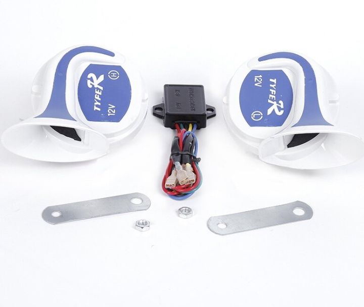 Pack of 2 Pieces, Snail Horn, Brand Tyfer-Horn, Type 18, Sound, Can Change Rhythm, 18 Modes, Uses 12V Electricity, Very Popular, Sound Level 135Db, 1 Pair.