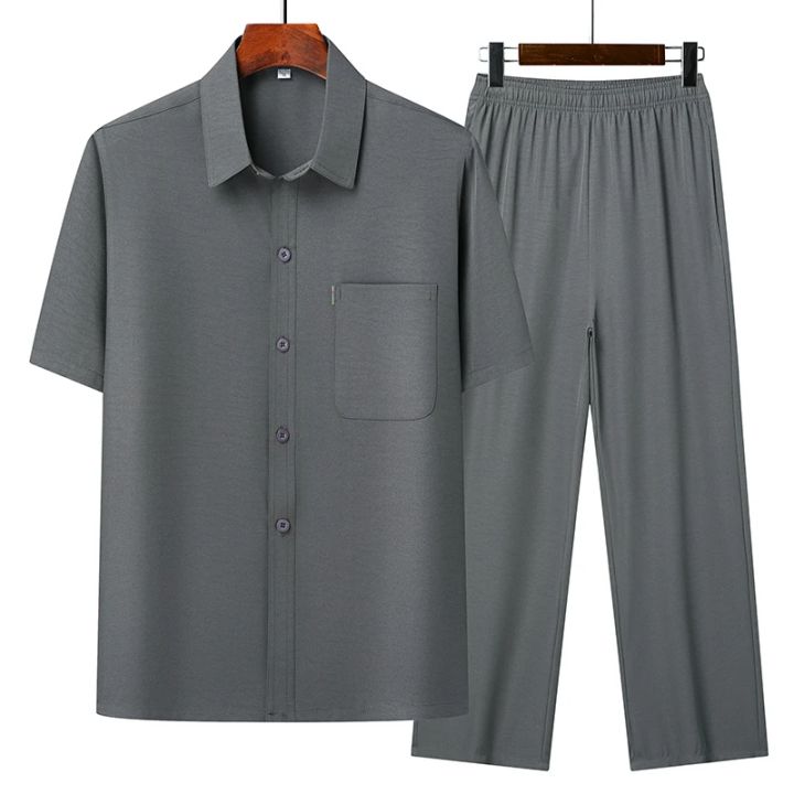 (Top%20+%20Pants)%20Summer%20Leisure%20All%20Match%20Middle-aged%20and%20Old%20Dad%20Men%20Fashion%20Trend%20Grandpa%20Loose%20Lapel%20Half-sleeve%20Shirt%20Set%20-%20Image%203
