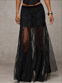 Plus Size Elegant Lace Half Skirt Spring Summer New Style Women's Black High Waist Stylish Commute Mesh Party Dress Skirt.