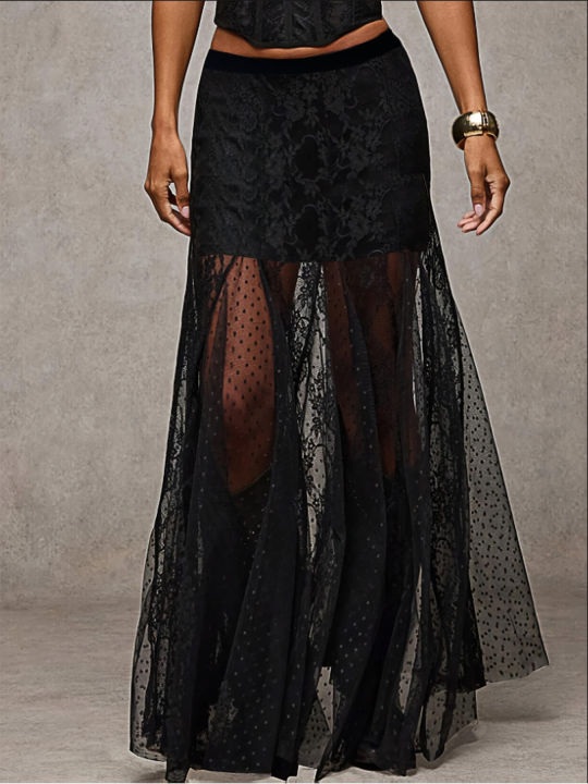 Plus Size Elegant Lace Half Skirt Spring Summer New Style Women's Black High Waist Stylish Commute Mesh Party Dress Skirt