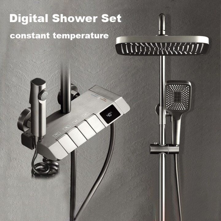 Bathroom Intelligent Piano Keys Shower Faucet Complete Bathroom shower set Digital LCD 4 Function Wall Mount Rainfall Cold Hot Water Bathroom Shower System Rustproof and Durable