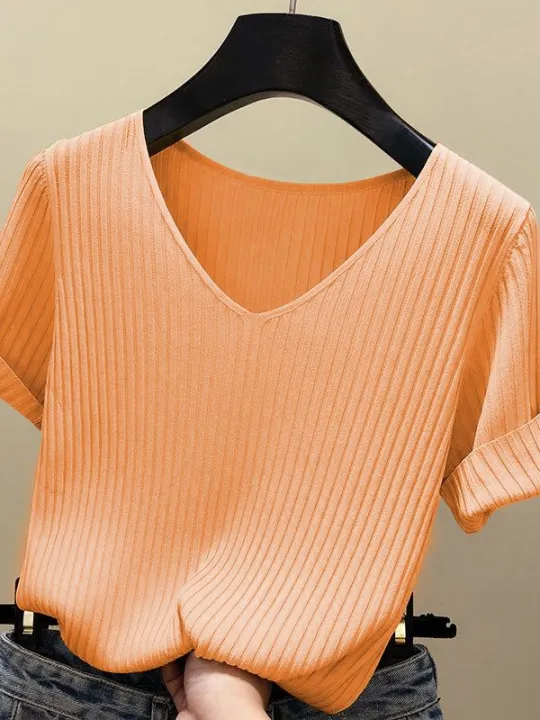Knitted%20Short%20Sleeve%20Women%20V-Neck%20T%20Shirts%202026%20Blue%20Slim%20Black%20Thin%20Knit%20Orange%20Tops%20Ladies%20Summer%20Camiseta%20Summer%20T%20Shirts%20-%20Image%207