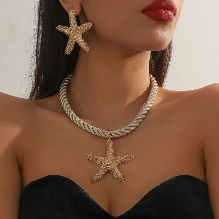 3%20Pcs/set%20Simple%20Fashion%20Starfish%20Pendant%20Necklace%20Ocean%20Style%20Party%20Banquet%20Exaggerated%20Earrings%20Personalized%20Women%20Jewelry%20Set%20-%20Image%202