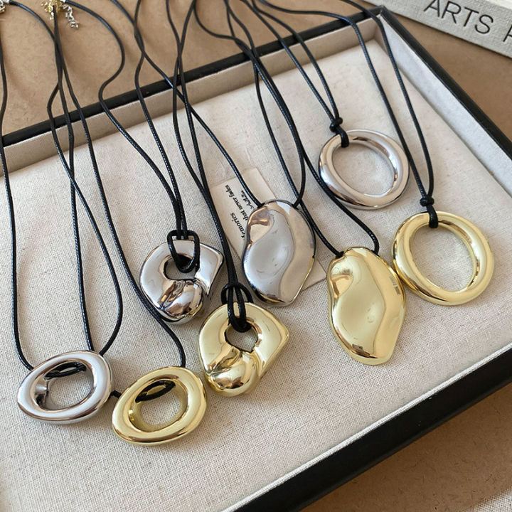 Punk Large U-Shape Geometric Pendant Necklace Women MenHorseshoe Adjustable Long Leather Rope Sweater Chain Necklaces Jewelry K-
