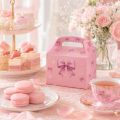 12/24pcs Pink Bow Kraft Paper Box Handheld Kids Packaging Cake Candy Biscuits Storage Baking Birthday Party Favor.