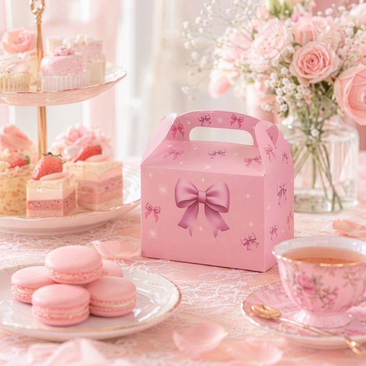 12/24pcs Pink Bow Kraft Paper Box Handheld Kids Packaging Cake Candy Biscuits Storage Baking Birthday Party Favor
