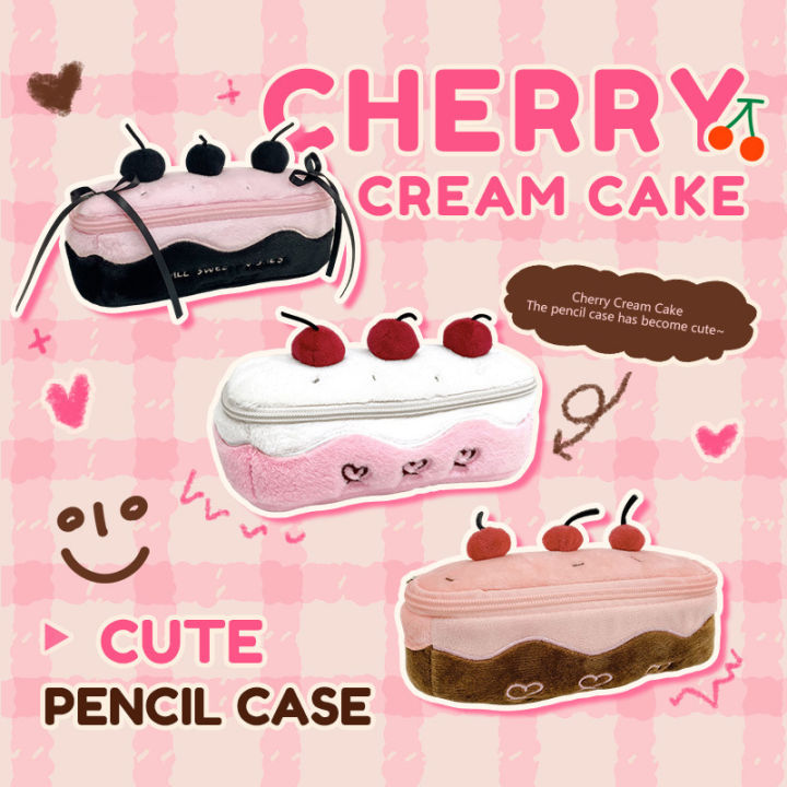 High Capacity Cherry Cake Pen Pouch Cute Functional Stationery Makeup Bag.