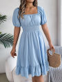 Spring Summer Elegant High Waisted Dress Square Neck Short Sleeved Ruffled Edge Long Dresses 2026 Valentine's Day Woman Clothing.