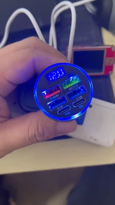 【Fast Delivery 1-4 day】6 in 1 Fast Car Charger LED Voltage Display 4USB 2Type-C 12.5v Quick Charge Adapter CNC Metal Shell 5-Layer Safety Protection Universal For iPhone Samsung Android