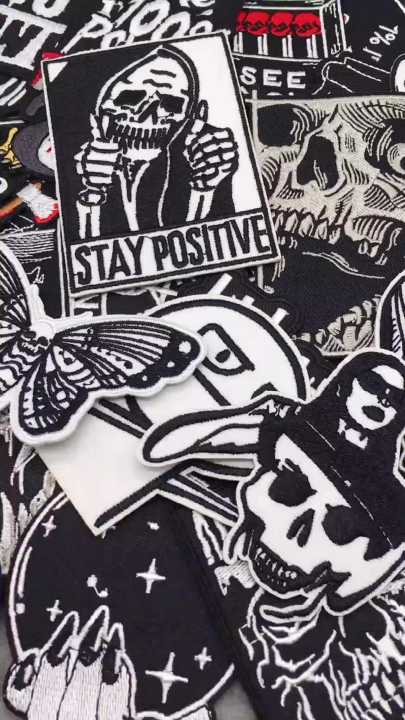 Black and White Embroidery Patches for Clothing Punk Skull Applications Iron on Patches Sewing Clothes Stickers