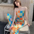 Women high waist wide leg pants fashion strapless plaid shirt two-piece dress cool style color matching exposed navel. 