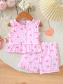 2pcs Summer Baby Girls Pink Gingham Bow Print Set, Ruffle Sleeveless Top + Shorts, Sweet Style, Daily/Outdoor Wear, 0-36M, Breat.