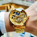 Gold  Vintage Moon Phase Automatic Watch for Men Tourbillon Skeleton Luminous Hands Luxury Brand Mechanical Watches Steel Strap. 
