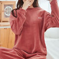 2025 Autumn/Winter Casual Women's Velvet Pajama Round Neck Set Loose Warm Top Elastic Pants Home Warm Wool Set. 