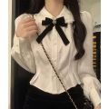 Sweet White Bow Shirts Wome Preppy Kawaii Lace Patchwork Blouses Female Lolita Peter Pan Collar Long Sleeve Crop Tops Mujer Y2k. 