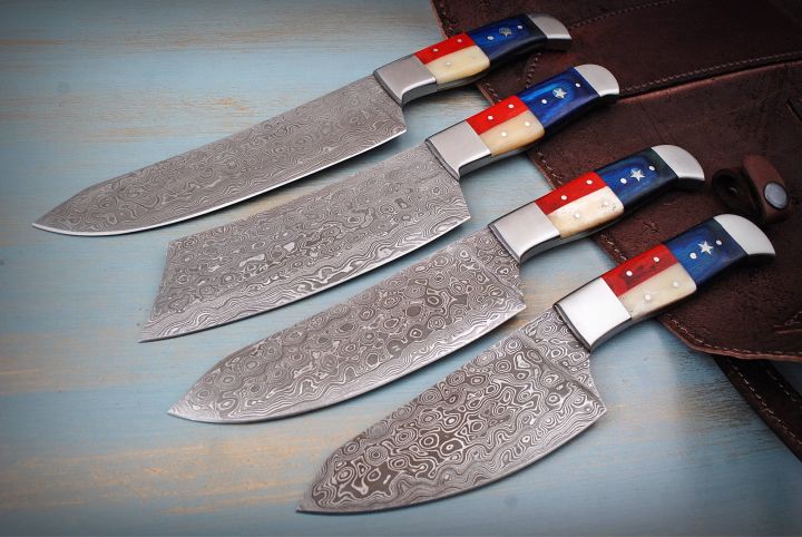 Custom Handmade Forged Damascus Steel Kitchen Chef Knife Set, Butcher Knife, Vegetable Knife, Chef Knife, Cleaver Knife, Gift for her, Gift for wife, Birthday Gift
